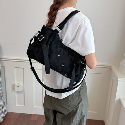 Suede Shoulder Bag with Star and Heart Studs and Detachable Strap
