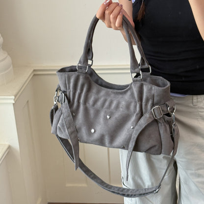 Suede Shoulder Bag with Star and Heart Studs and Detachable Strap