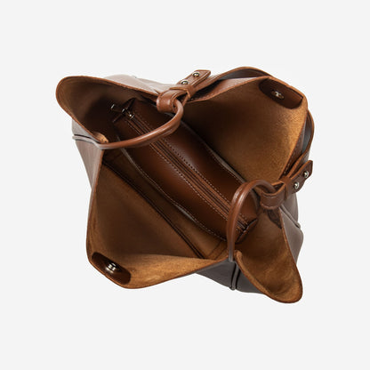Tan Leather Tote Bag with Knotted Strap and Inner Pouch