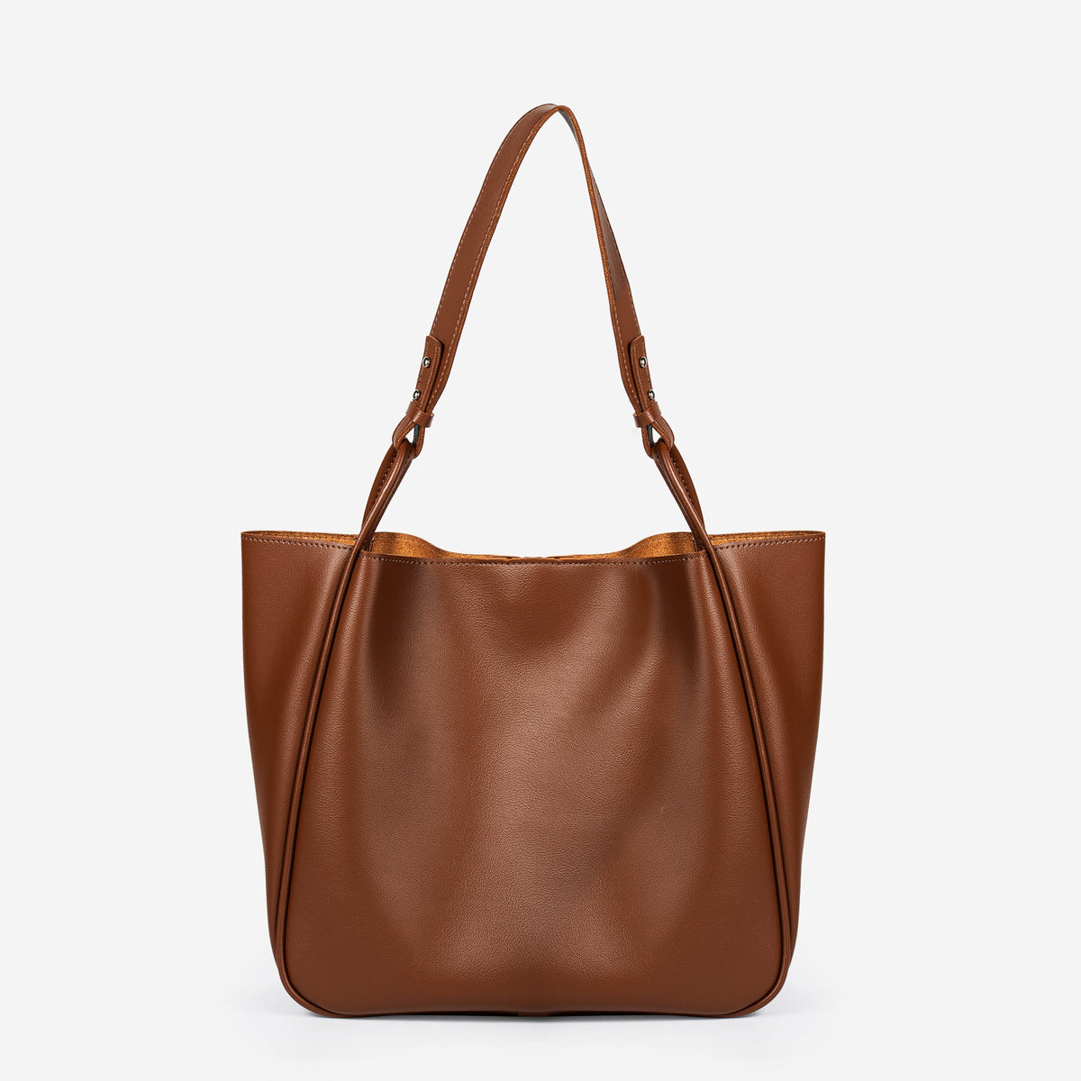 Tan Leather Tote Bag with Knotted Strap and Inner Pouch