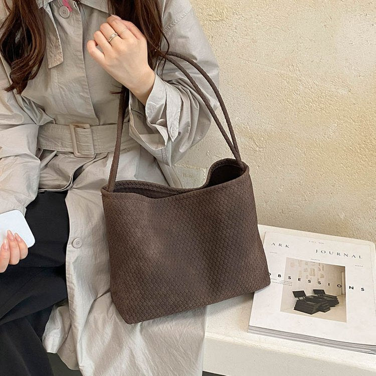 Woven Leather Shoulder Bag with Basket Weave Texture