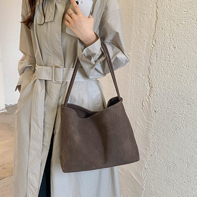 Woven Leather Shoulder Bag with Basket Weave Texture