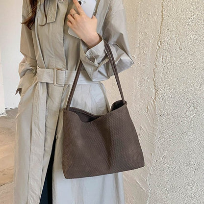 Woven Leather Shoulder Bag with Basket Weave Texture