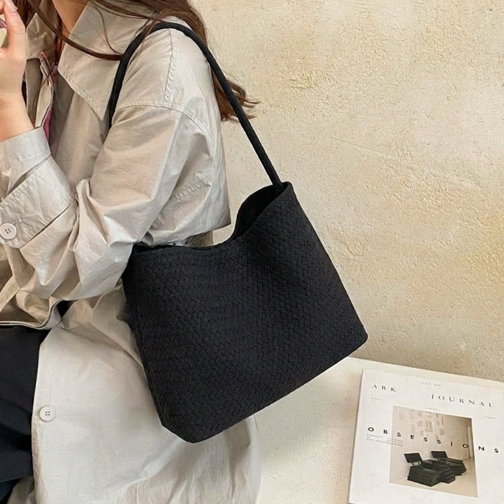 Woven Leather Shoulder Bag with Basket Weave Texture