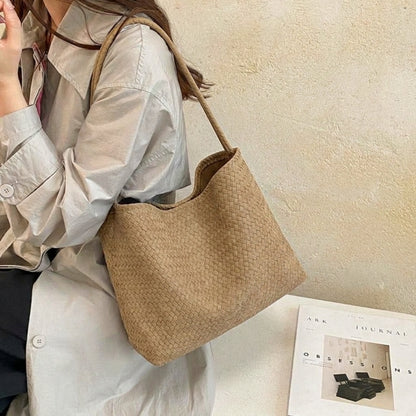 Woven Leather Shoulder Bag with Basket Weave Texture