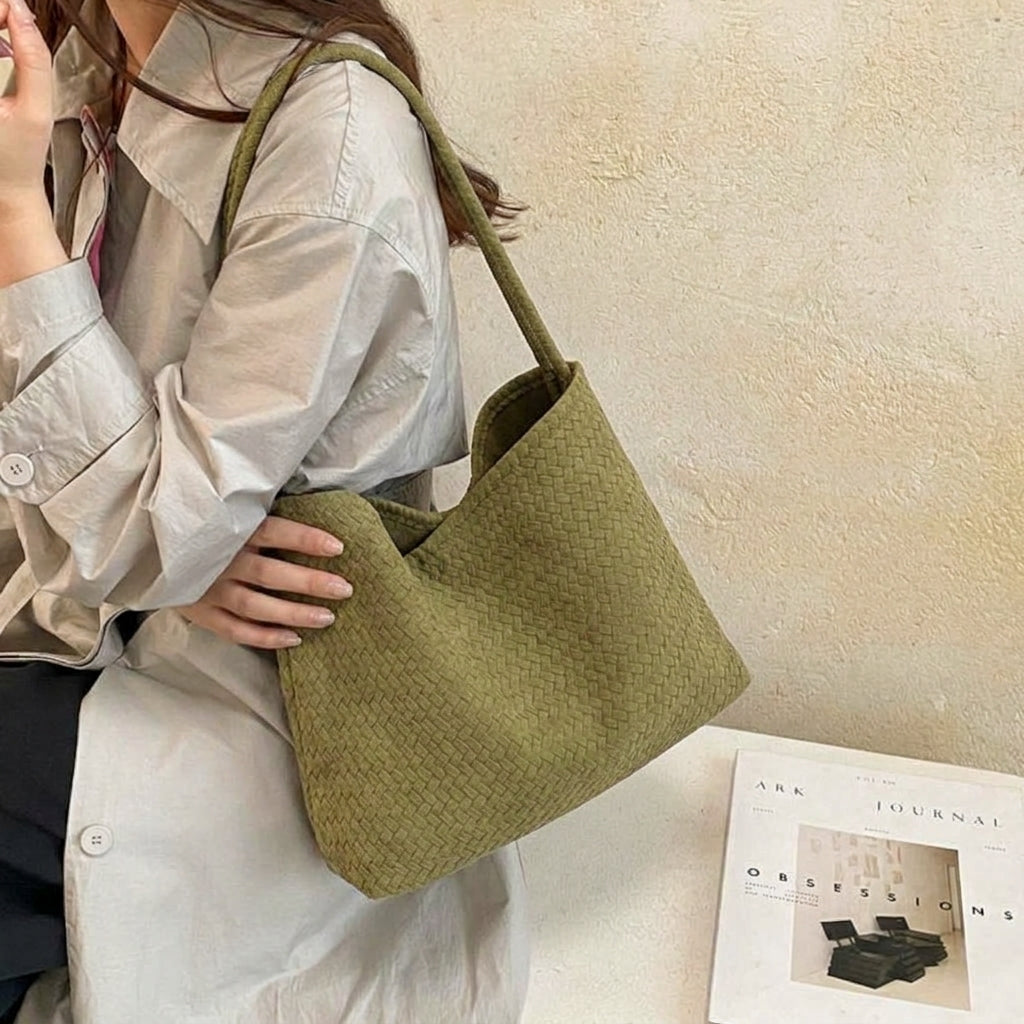 Woven Leather Shoulder Bag with Basket Weave Texture