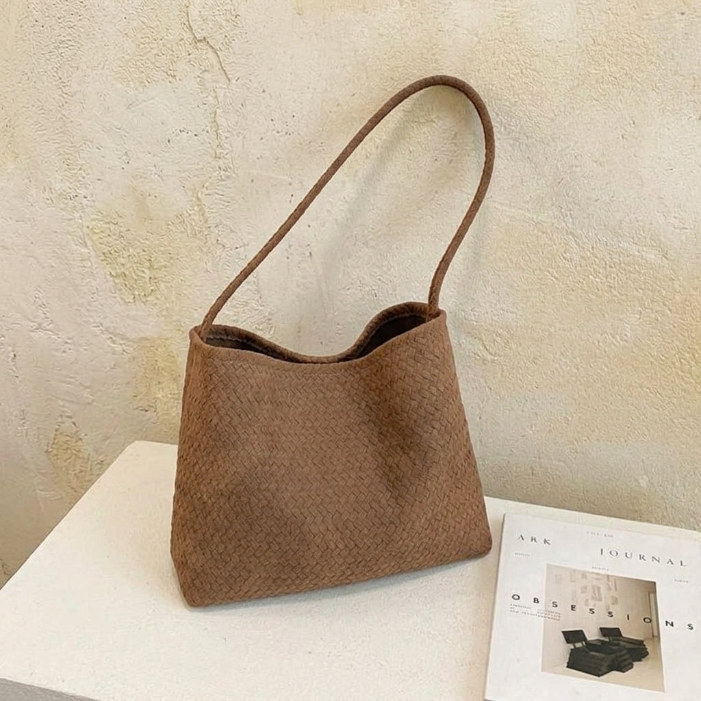 Woven Leather Shoulder Bag with Basket Weave Texture