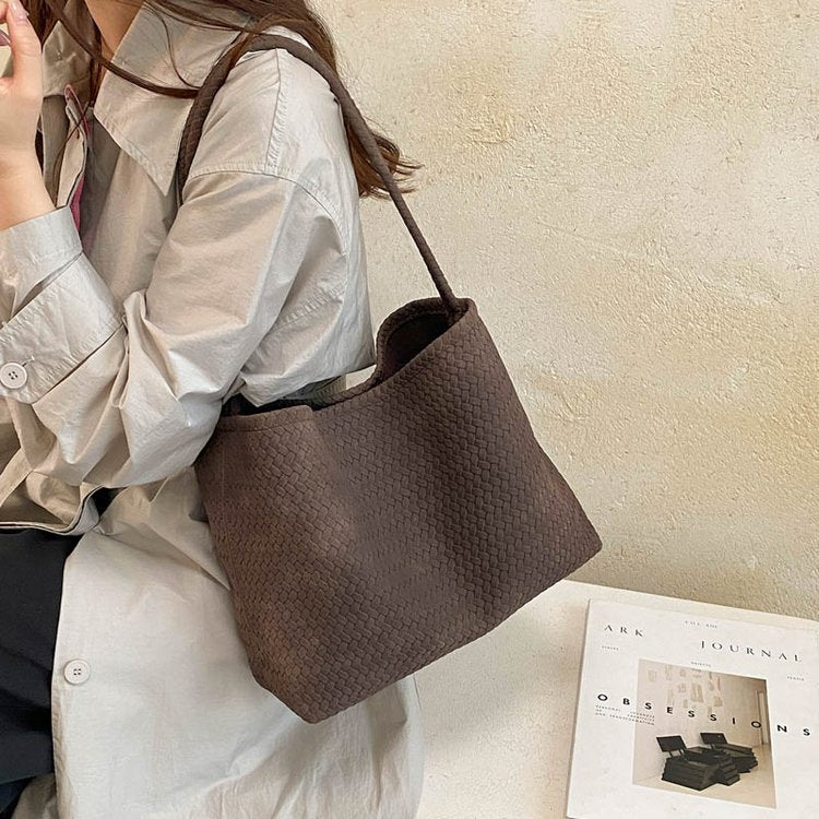 Woven Leather Shoulder Bag with Basket Weave Texture