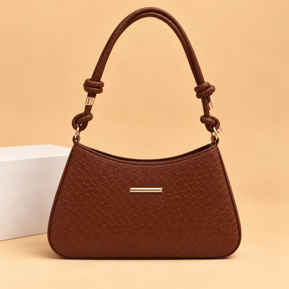Woven Leather Shoulder Bag with Knotted Strap and Gold Hardware
