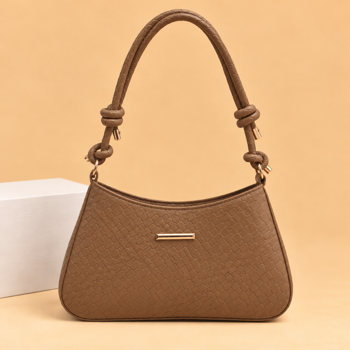 Woven Leather Shoulder Bag with Knotted Strap and Gold Hardware