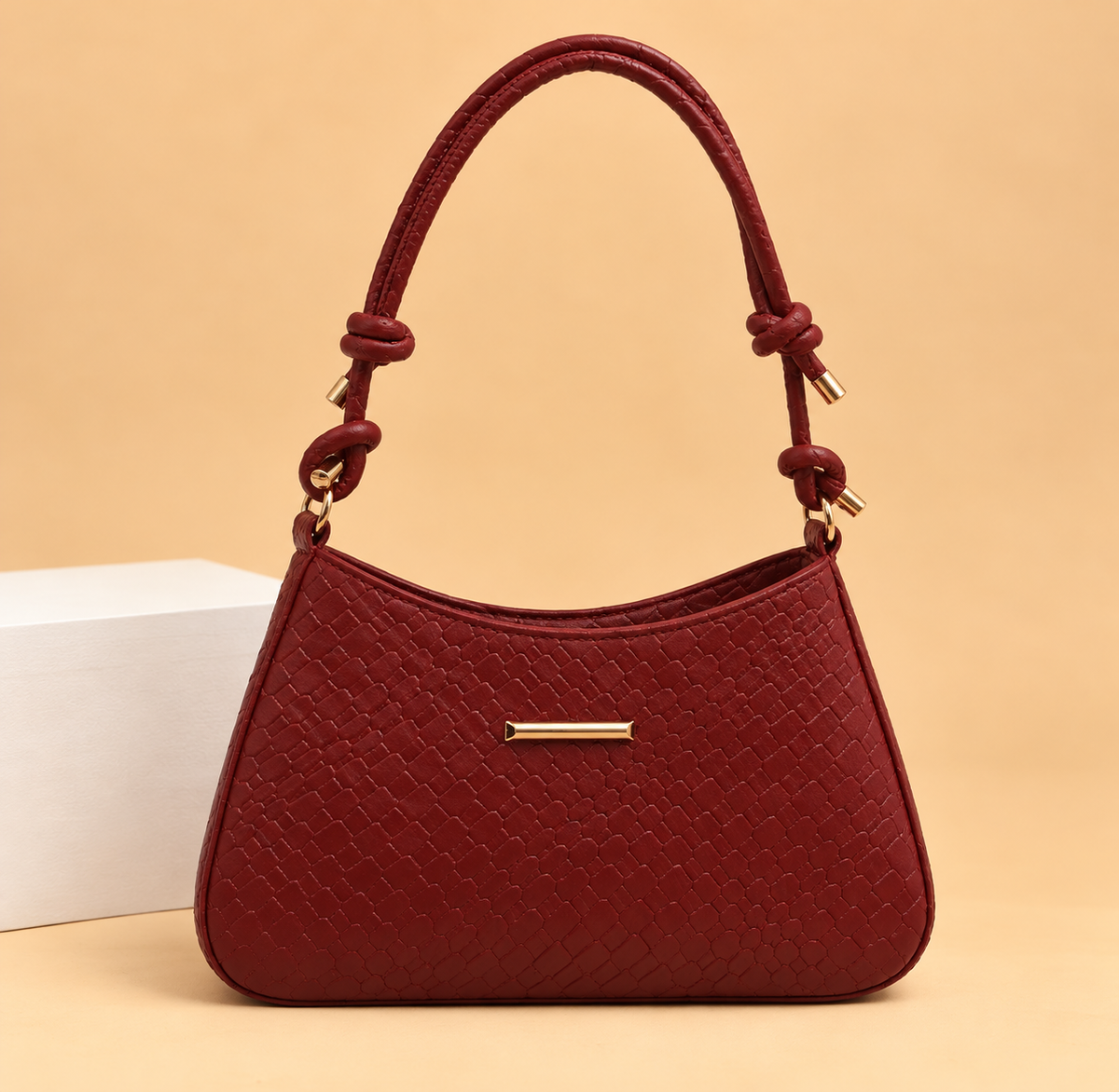 Woven Leather Shoulder Bag with Knotted Strap and Gold Hardware