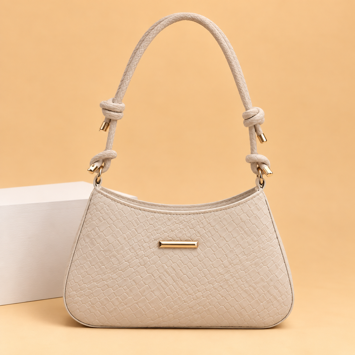 Woven Leather Shoulder Bag with Knotted Strap and Gold Hardware