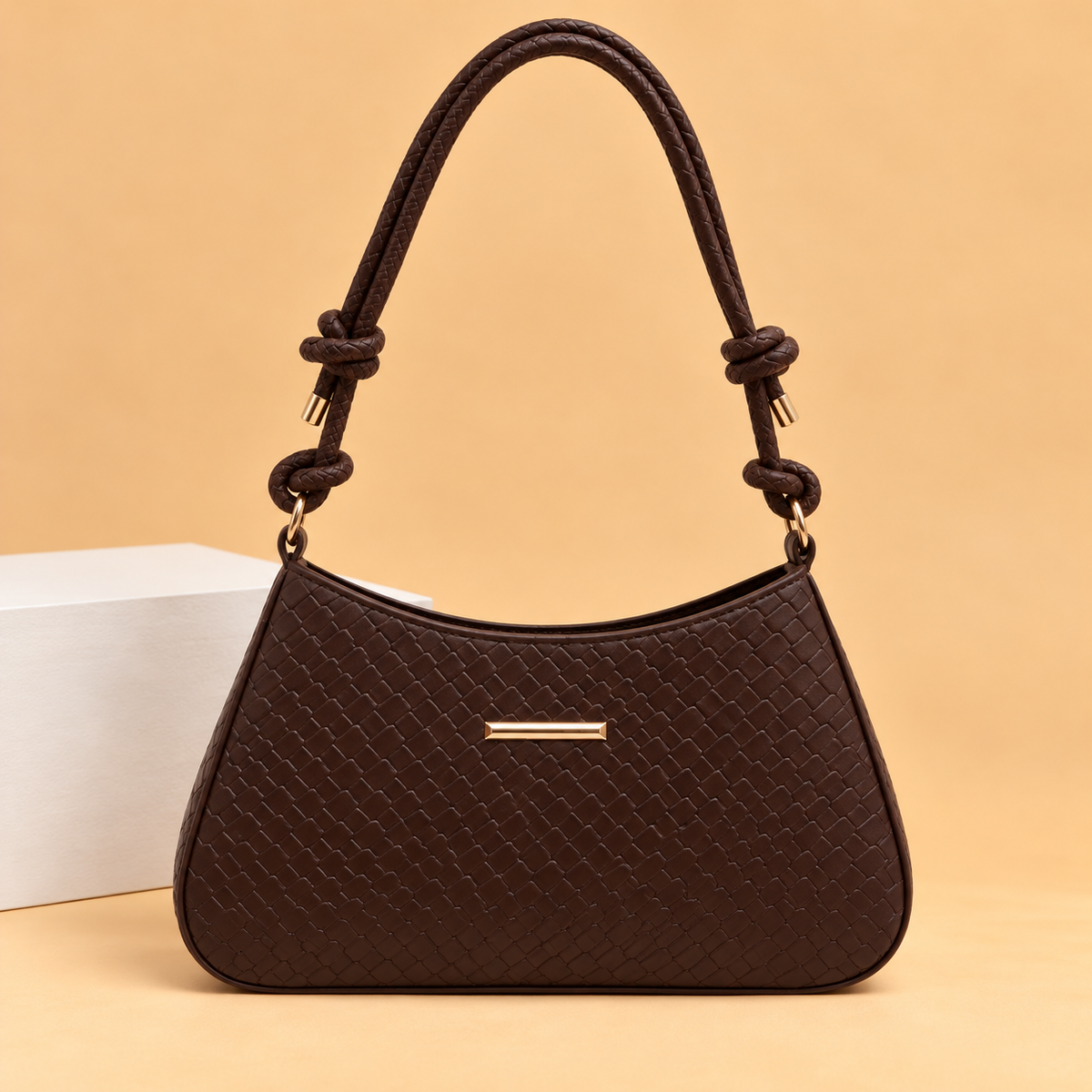 Woven Leather Shoulder Bag with Knotted Strap and Gold Hardware