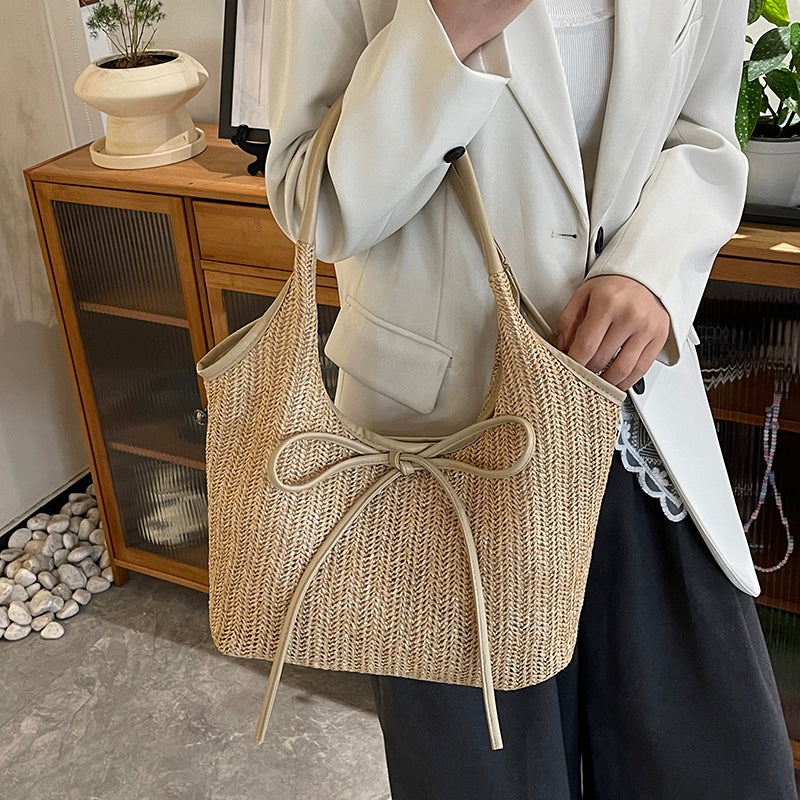 Woven Straw Shoulder Bag with Bow Detail