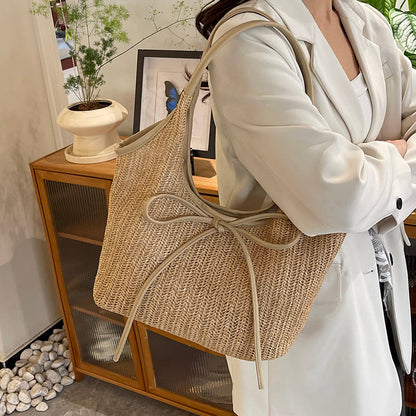 Woven Straw Shoulder Bag with Bow Detail