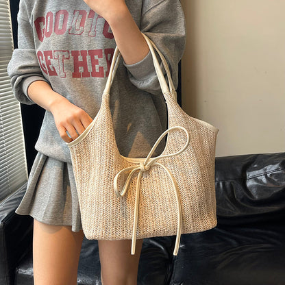 Woven Straw Shoulder Bag with Bow Detail