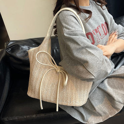 Woven Straw Shoulder Bag with Bow Detail