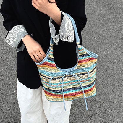 Woven Straw Shoulder Bag with Bow Detail