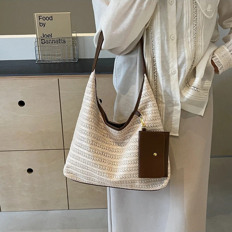Woven Straw Shoulder Bag with Removable Mini Wallet
