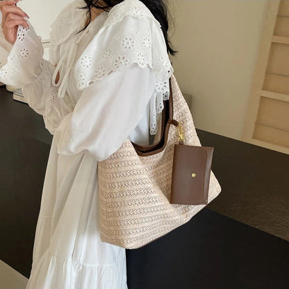 Woven Straw Shoulder Bag with Removable Mini Wallet