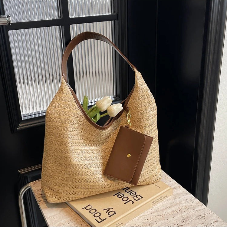 Woven Straw Shoulder Bag with Removable Mini Wallet