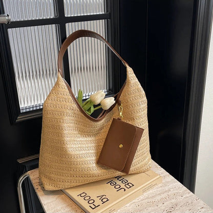 Woven Straw Shoulder Bag with Removable Mini Wallet
