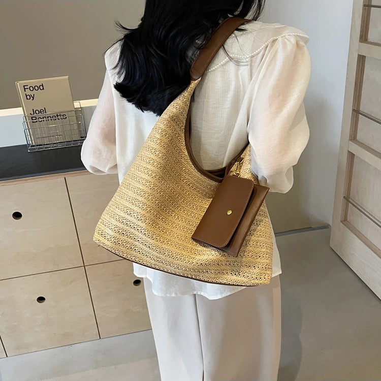 Woven Straw Shoulder Bag with Removable Mini Wallet