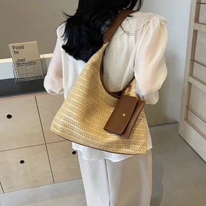 Woven Straw Shoulder Bag with Removable Mini Wallet
