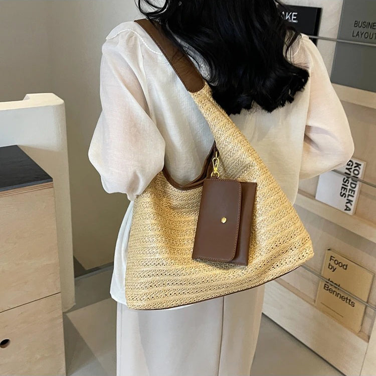 Woven Straw Shoulder Bag with Removable Mini Wallet