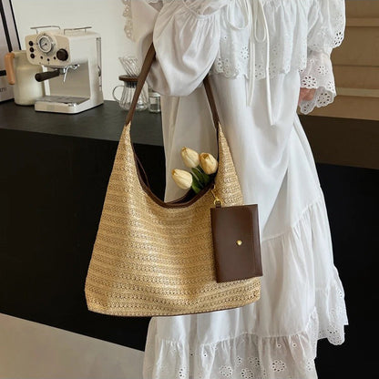 Woven Straw Shoulder Bag with Removable Mini Wallet