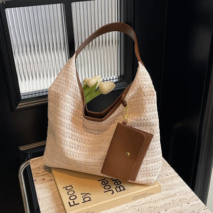 Woven Straw Shoulder Bag with Removable Mini Wallet