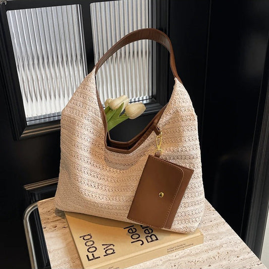 Woven Straw Shoulder Bag with Removable Mini Wallet