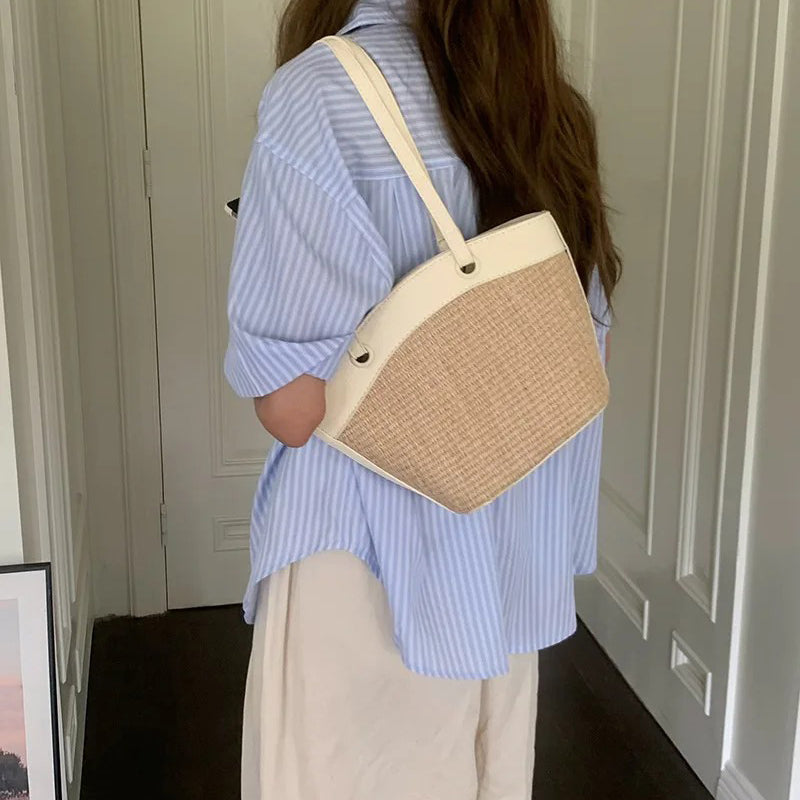 Woven Straw Tote Bag with Leather Trim and Shoulder Straps