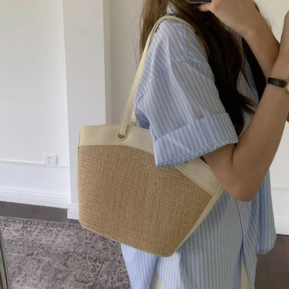 Woven Straw Tote Bag with Leather Trim and Shoulder Straps