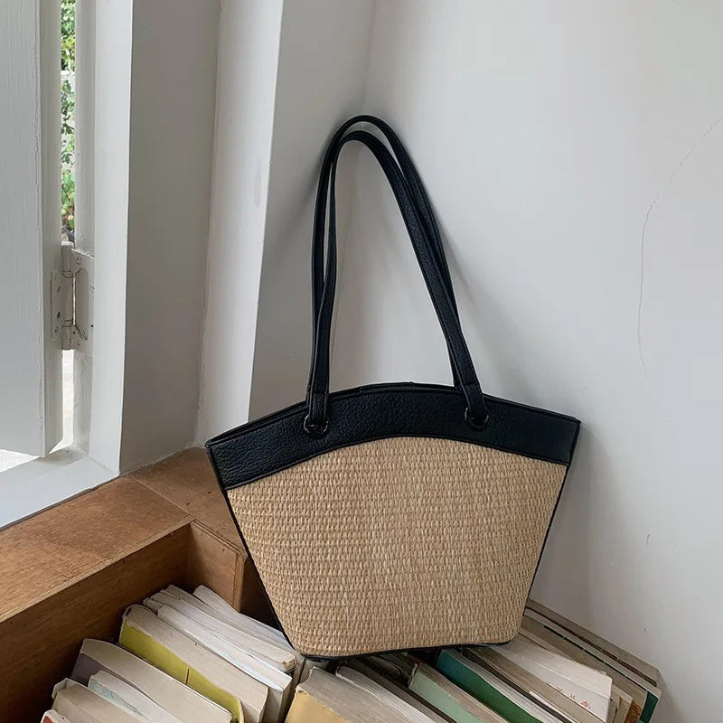 Woven Straw Tote Bag with Leather Trim and Shoulder Straps