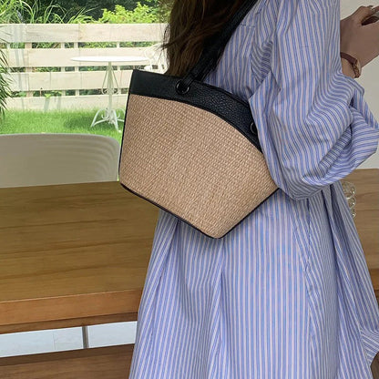 Woven Straw Tote Bag with Leather Trim and Shoulder Straps
