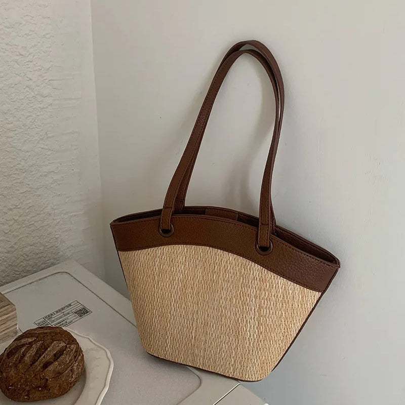 Woven Straw Tote Bag with Leather Trim and Shoulder Straps