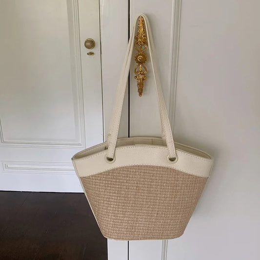 Woven Straw Tote Bag with Leather Trim and Shoulder Straps